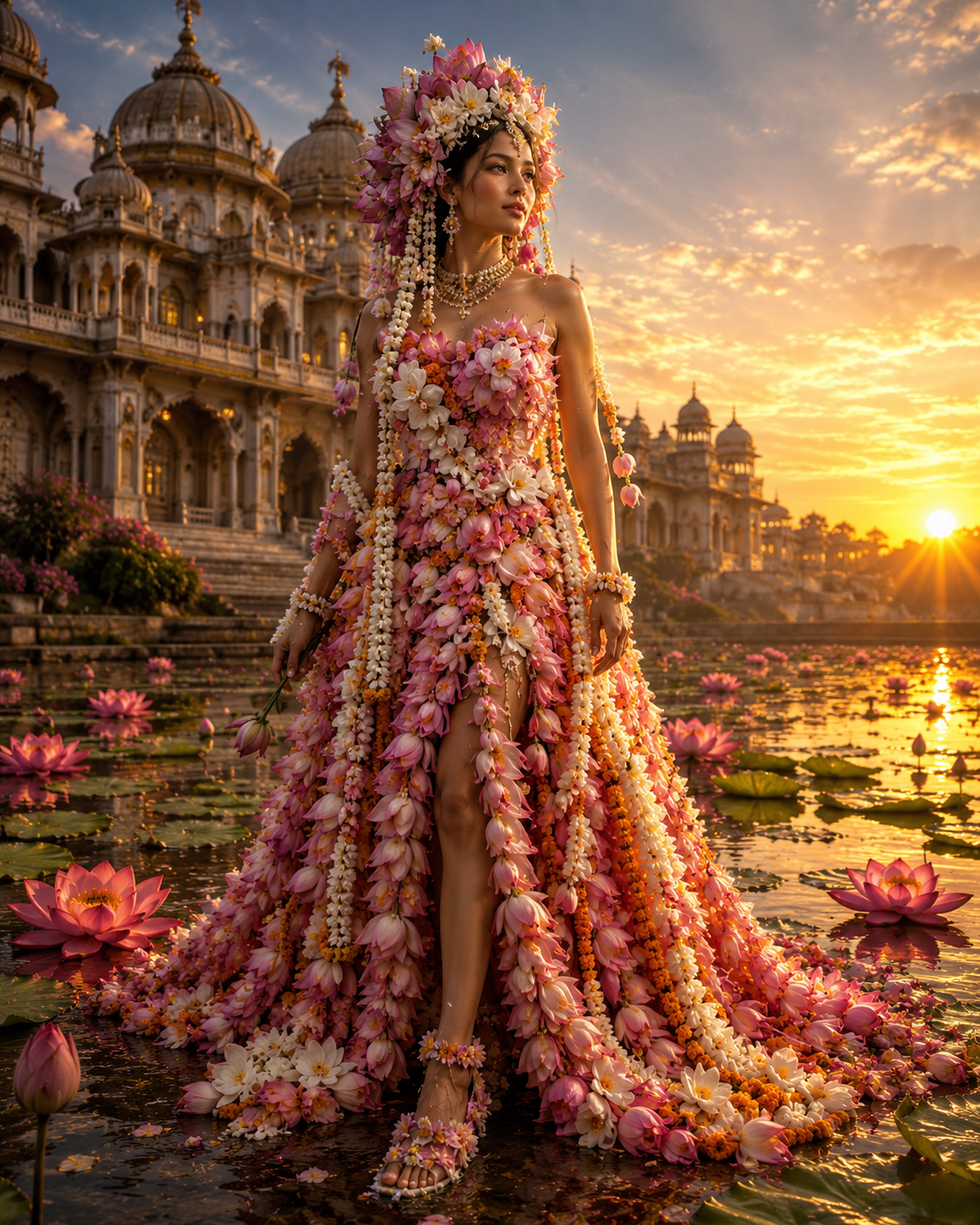 Woman in a pink flower gown and headdress by a lotus pond at sunset.