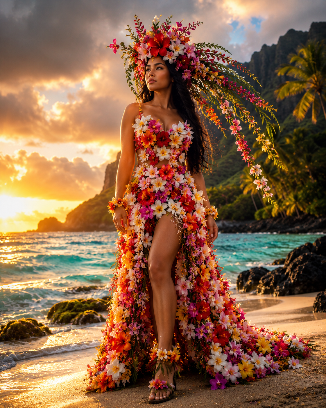 Woman in a vibrant floral gown and oversized flower headdress on a tropical beach at sunset.