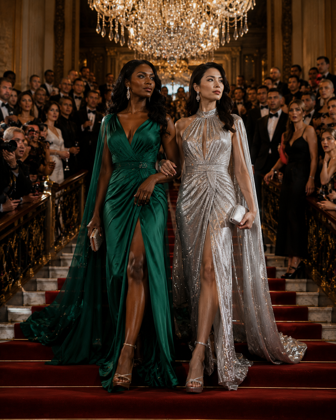 Two glamorous women in emerald green and silver glitter gowns walk down a grand staircase at a gala.