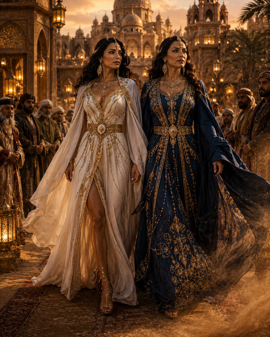 Two regal women in gold and blue jeweled gowns walk side by side in an opulent palace doorway at sunset.