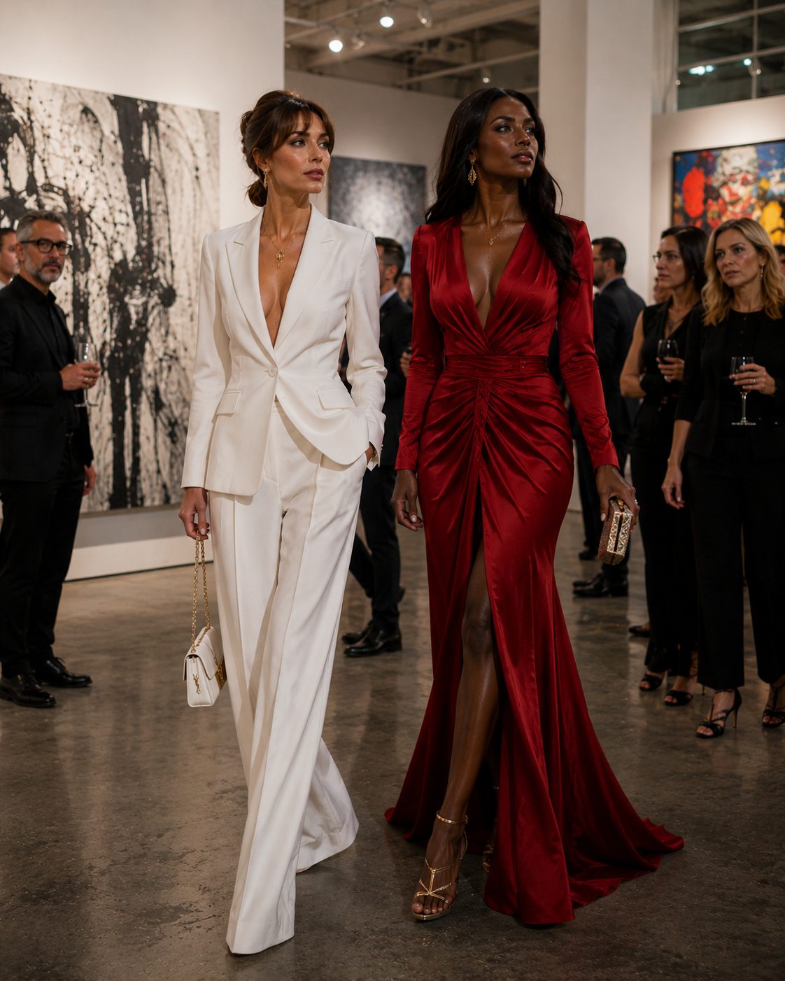Two stylish women in a modern art gallery wearing a white pantsuit and a red velvet gown.