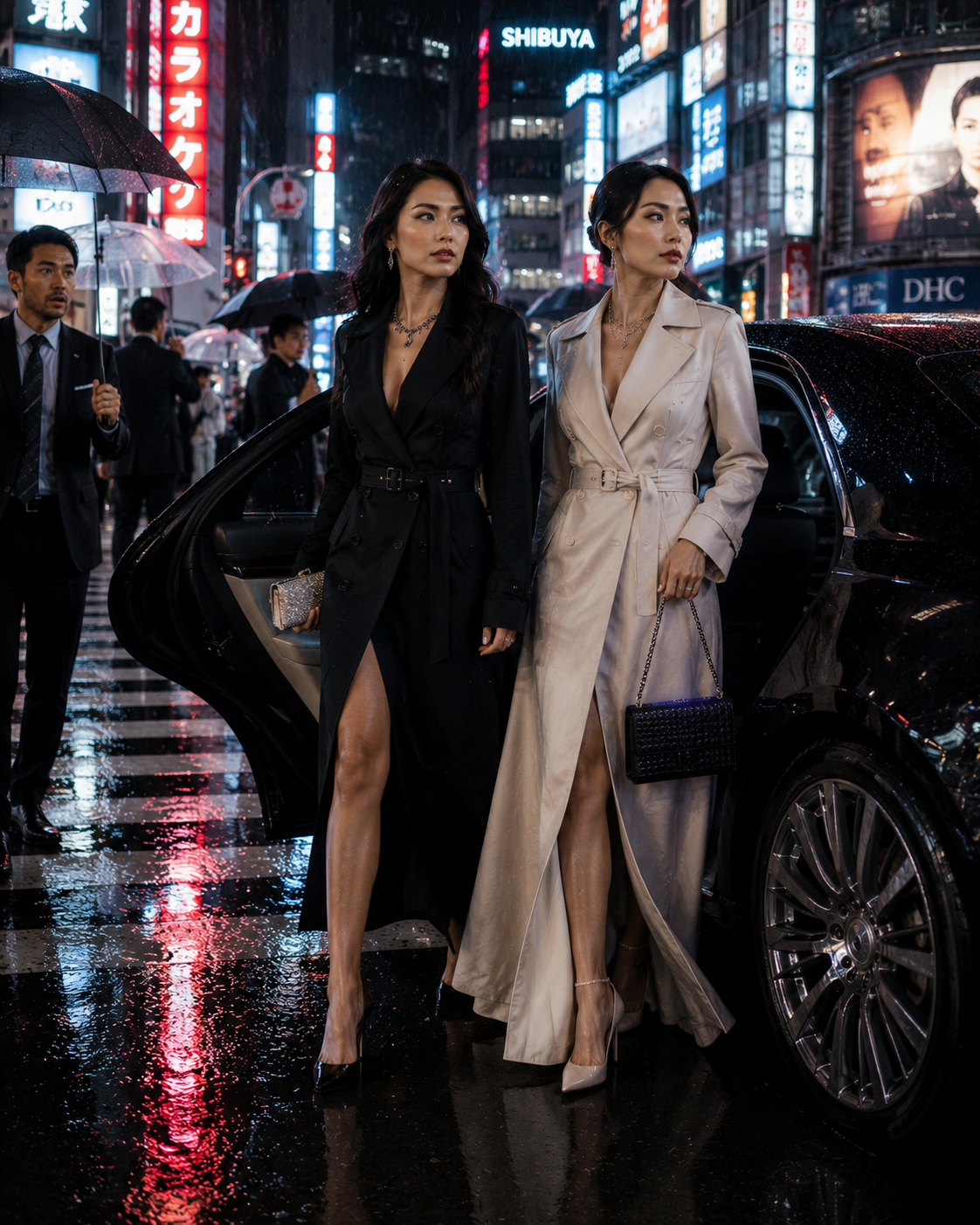 Two stylish women in elegant gowns step from a sleek car on a rainy, neon-lit city street at night.