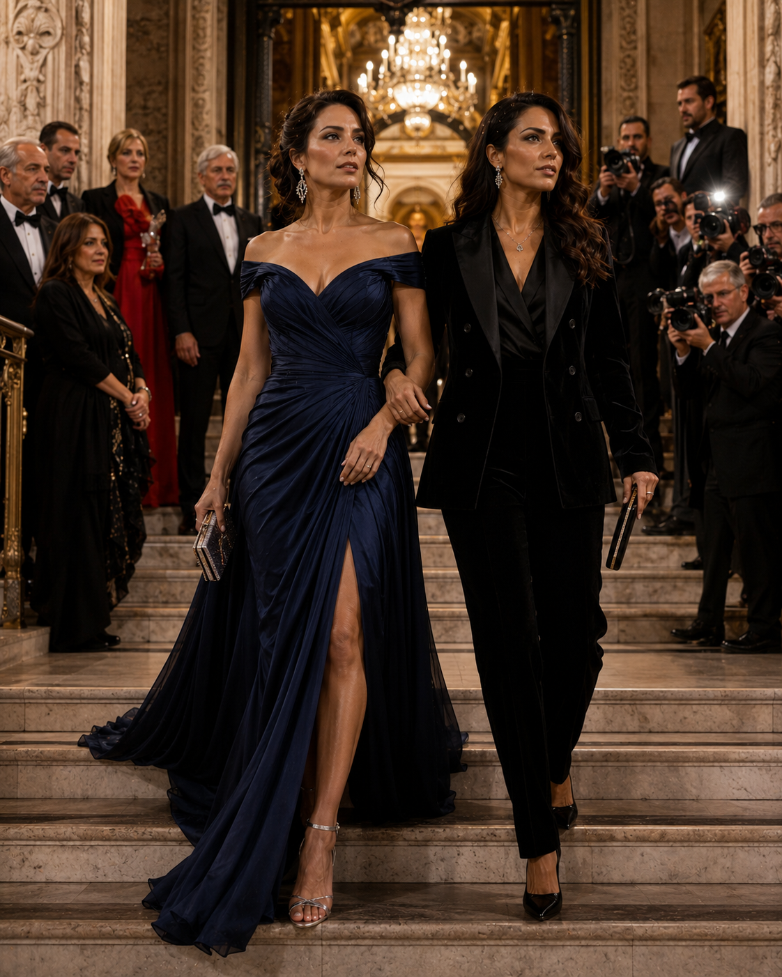 Two glamorous women in formal gowns descend an ornate, chandelier-lit staircase.