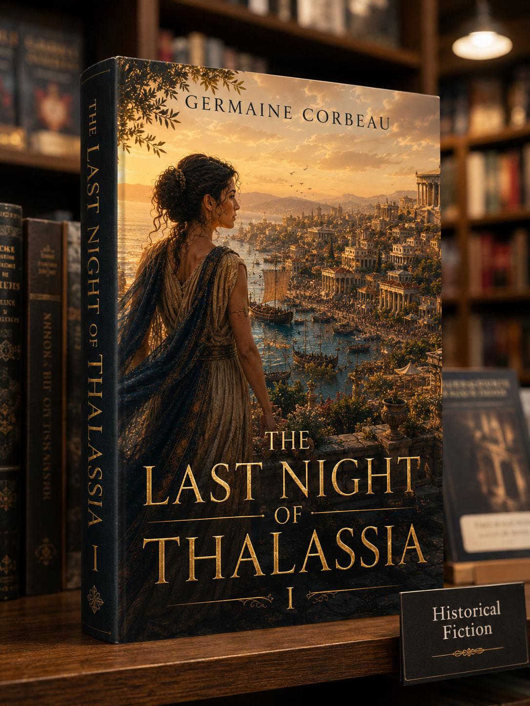 Woman in ancient-style dress gazes over a sunlit coastal city with boats, on a book cover.