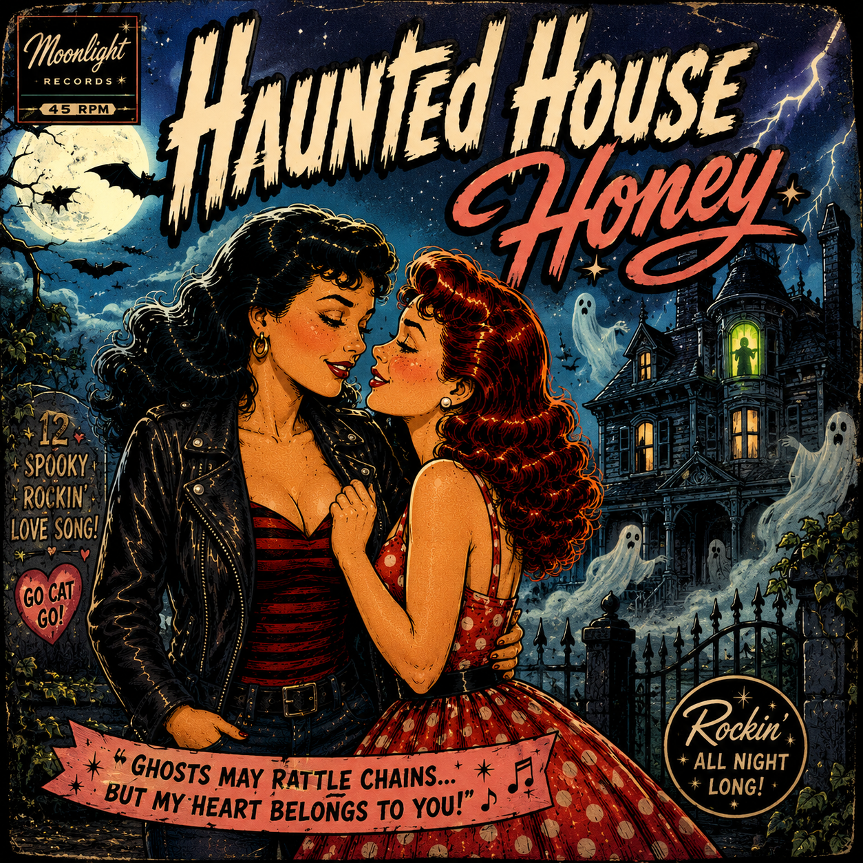 Retro illustrated album cover showing two women in 1950s outfits kissing in front of a haunted house under a full moon.