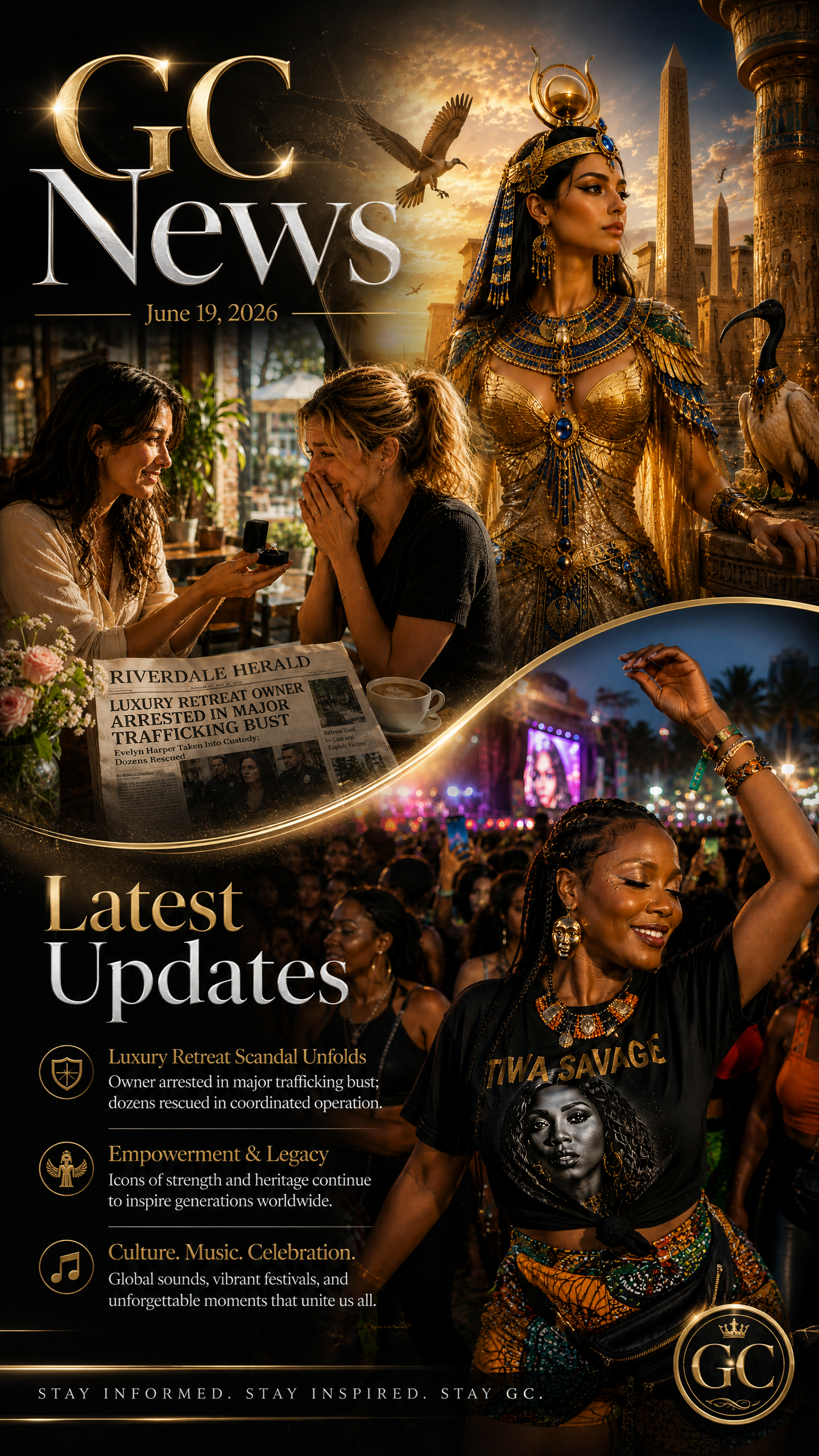 GC News June 19, 2026 digital cover featuring an Egyptian queen, engagement moment, music festival scene, and top breaking...