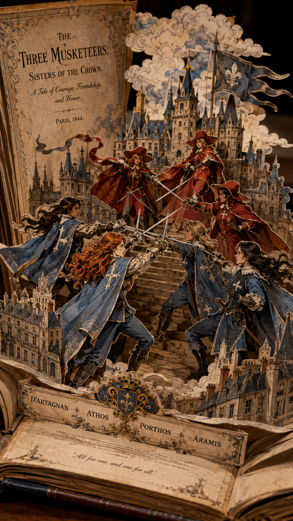 Pop-up book art of female The Three Musketeers: Sisters of the Crown, sword-fighting at a French castle, with character la...