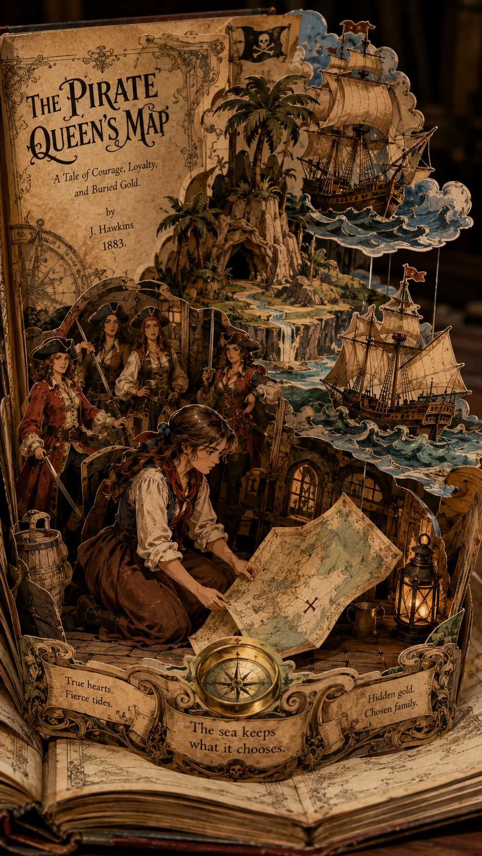 Vintage pop-up book *The Pirate Queen’s Map* featuring 3D female pirates, sailing ships, a tropical treasure island, and...