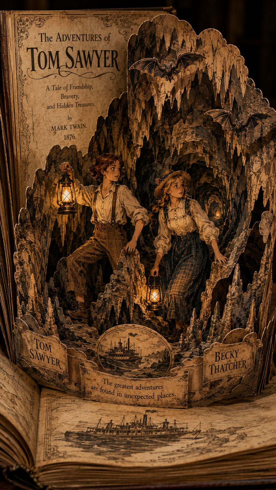 Vintage pop-up edition of The Adventures of Tom Sawyer, featuring Tom Sawyer and Becky Thatcher exploring a dark cave with...