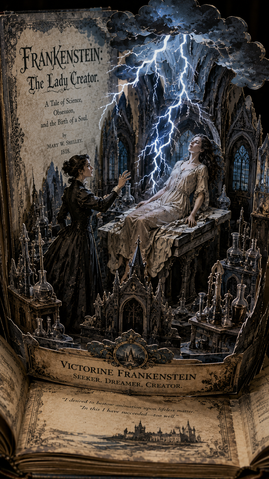 Intricate pop-up book diorama reimagining Frankenstein: The Lady Creator, with a female scientist animating her creation i...