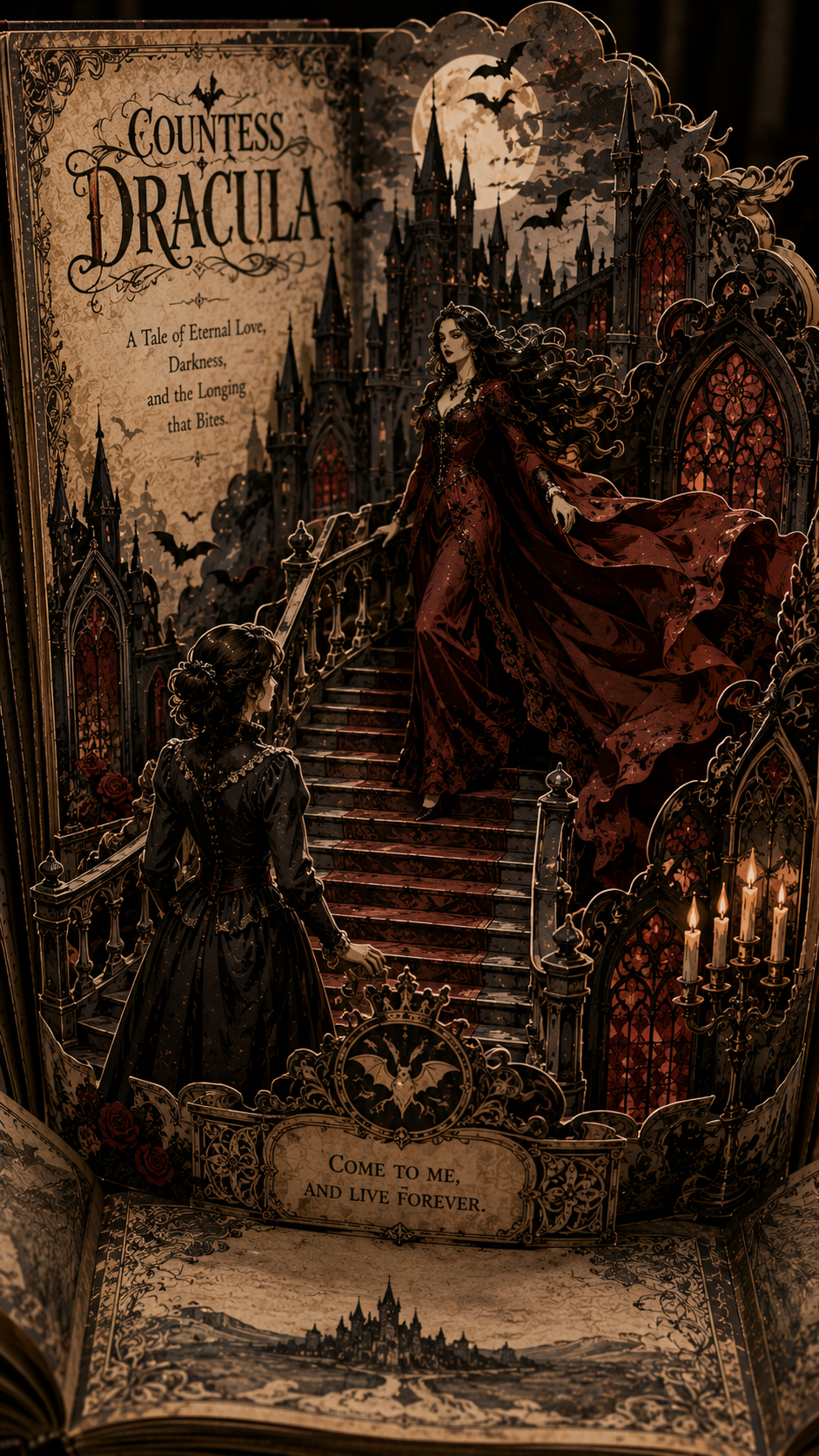 Gothic Countess Dracula pop-up book art of a vampire descending a castle staircase to a Victorian woman, dark fantasy book...