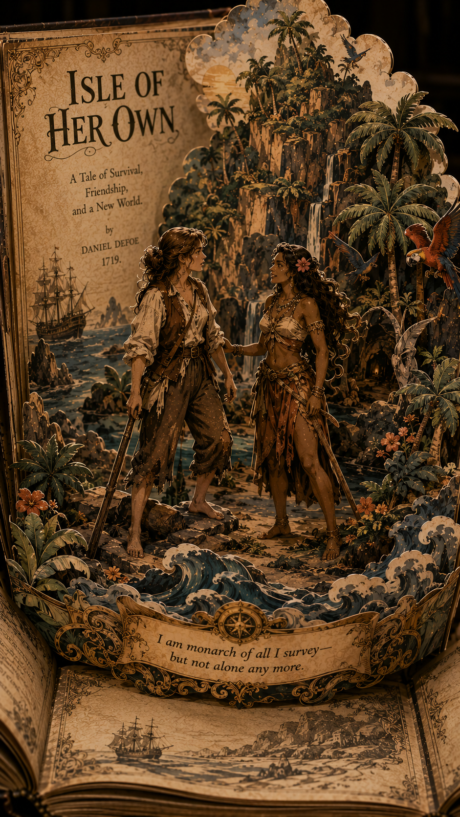 Vintage pop-up book "Isle of Her Own" featuring two women meeting on a tropical island, nautical adventure papercraft art.