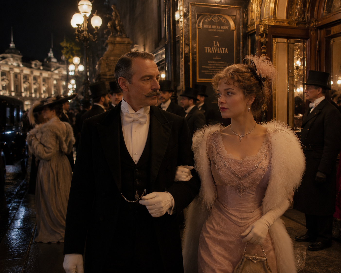 Formal Edwardian couple walk arm in arm outside a lit 1900s opera house following a La Traviata night performance.