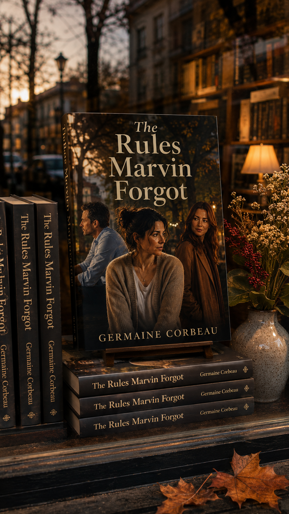 Cozy bookstore window display of "The Rules Marvin Forgot" novels lit by warm golden autumn dusk.