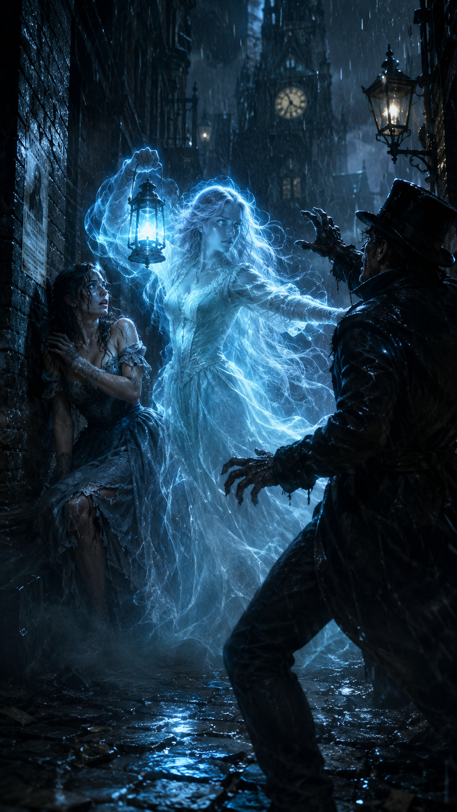 [Glowing ethereal ghost woman defends a terrified Victorian woman from a monstrous attacker on a rainy dark cobblestone al...