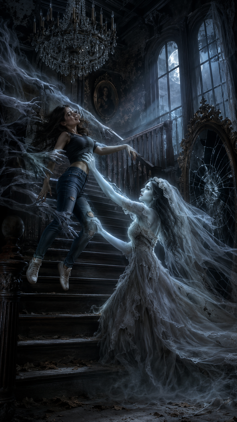 Ghost bride and spectral hands seize a frightened woman on a staircase inside a moonlit haunted abandoned mansion.