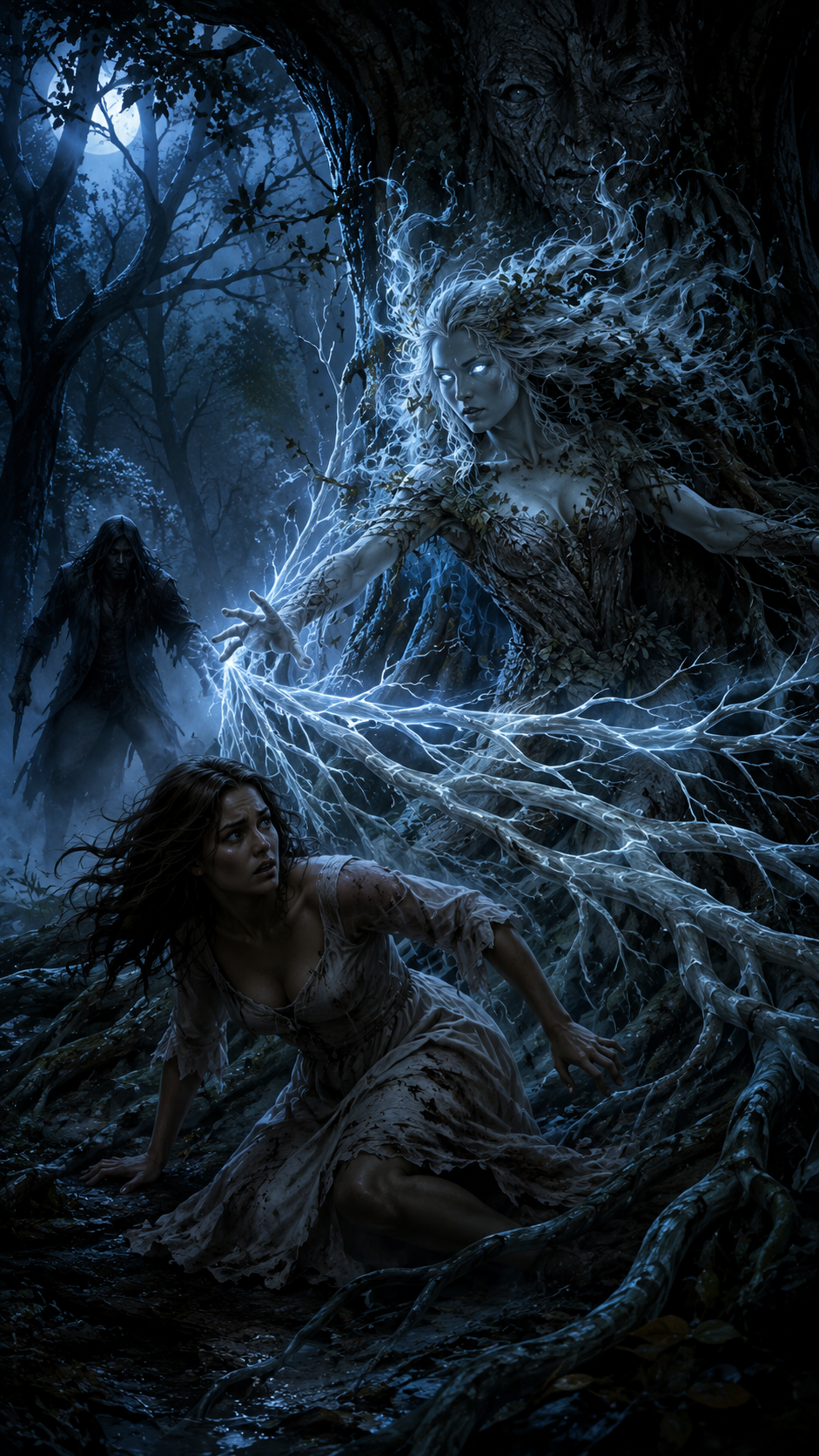 Glowing malevolent dryad spirit reaches for a frightened trapped woman as a shadowy stalker approaches in a moonlit haunte...