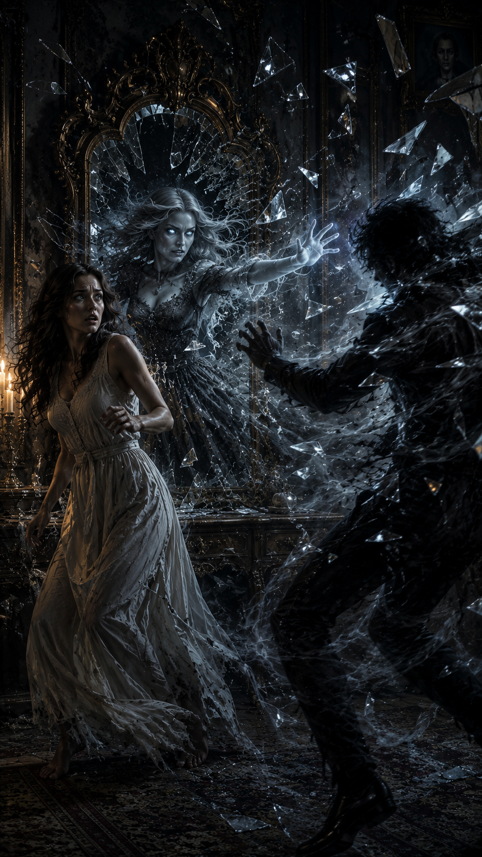 [Terrified woman stands by as a glowing ghost bursts from a shattered gilded mirror to fend off an attacking dark shadow f...