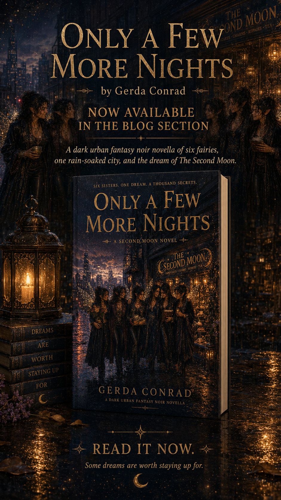 Promotional banner for Gerda Conrad's dark fantasy novella Only A Few More Nights, featuring a displayed book, glowing lan...