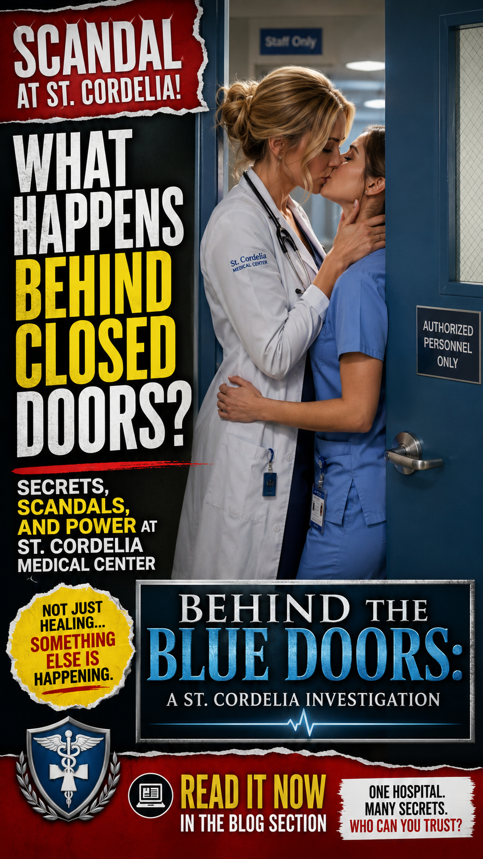 Promotional graphic for a hospital scandal thriller, showing a female doctor and nurse kissing secretly in a restricted st...