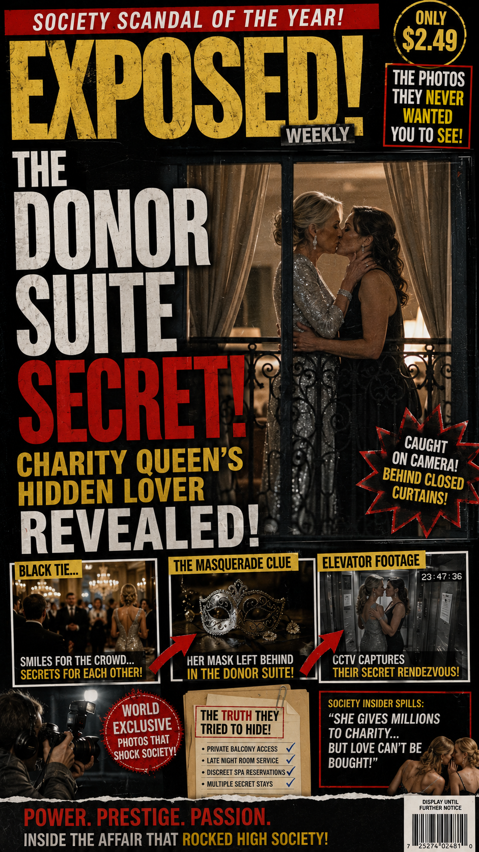 [Exposed Weekly tabloid cover, showing two elegant women kissing behind a suite window, headlined for a high society donor...