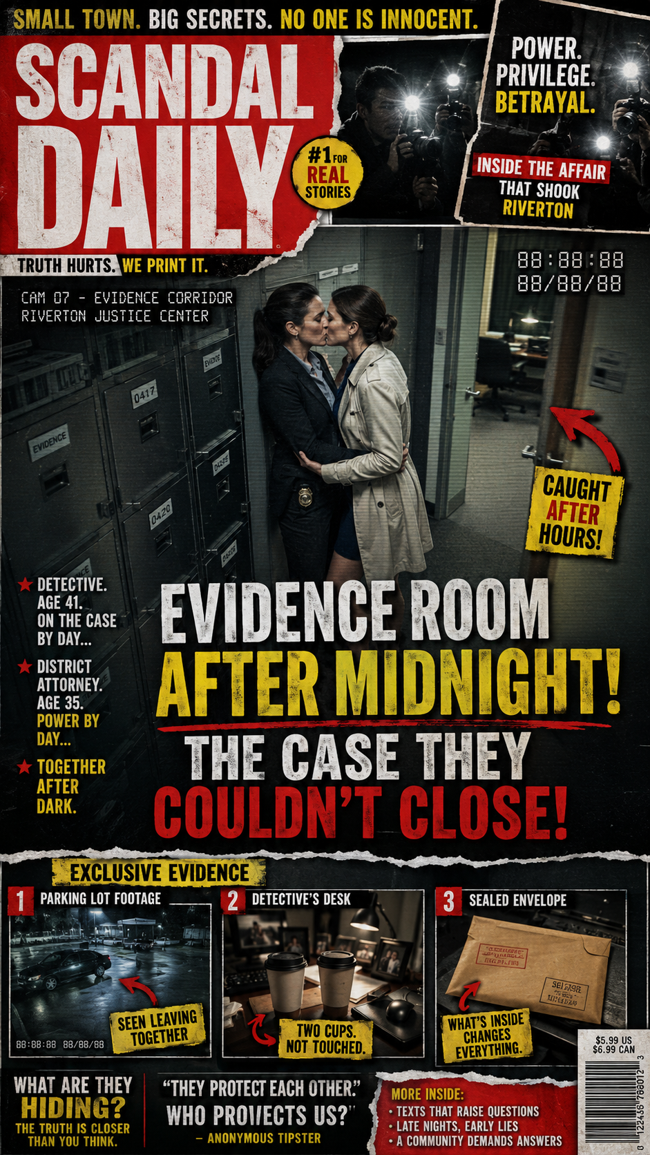 [Gritty tabloid true crime poster exposing a secret affair between a detective and district attorney caught in a police ev...
