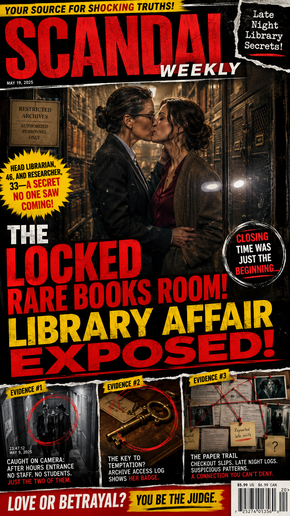 [Scandal Weekly tabloid cover exposing a secret romantic affair between a librarian and researcher in a restricted library...