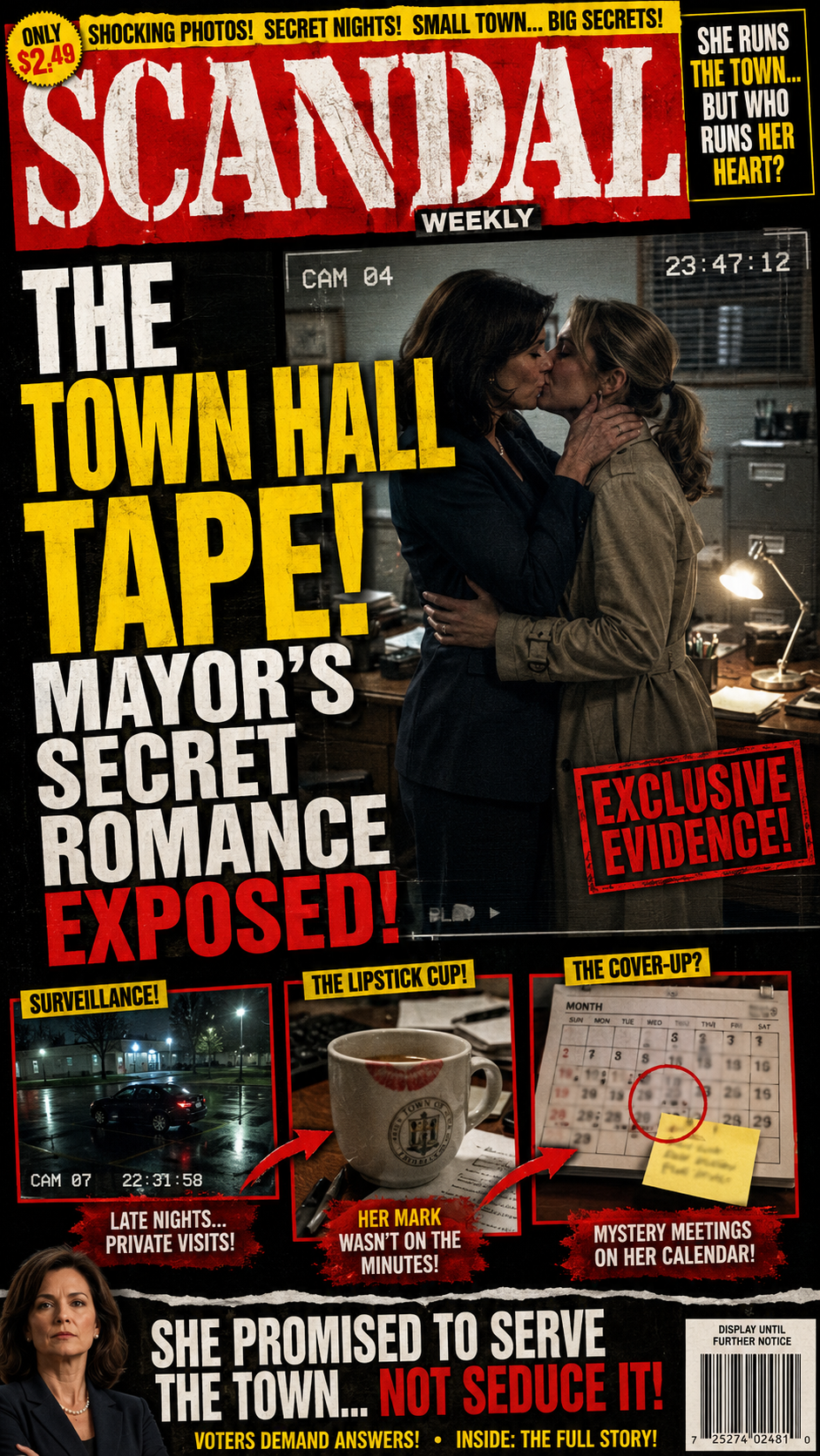 Scandal Weekly tabloid cover featuring surveillance footage exposing a mayor's secret same-sex office romance.