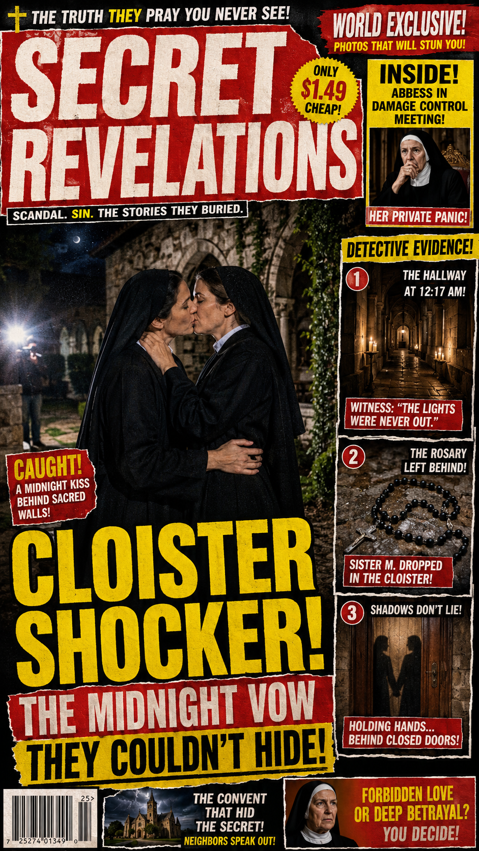 Sensational "Secret Revelations" tabloid cover showing two nuns kissing at a stone convent, surrounded by pulpy scandal he...
