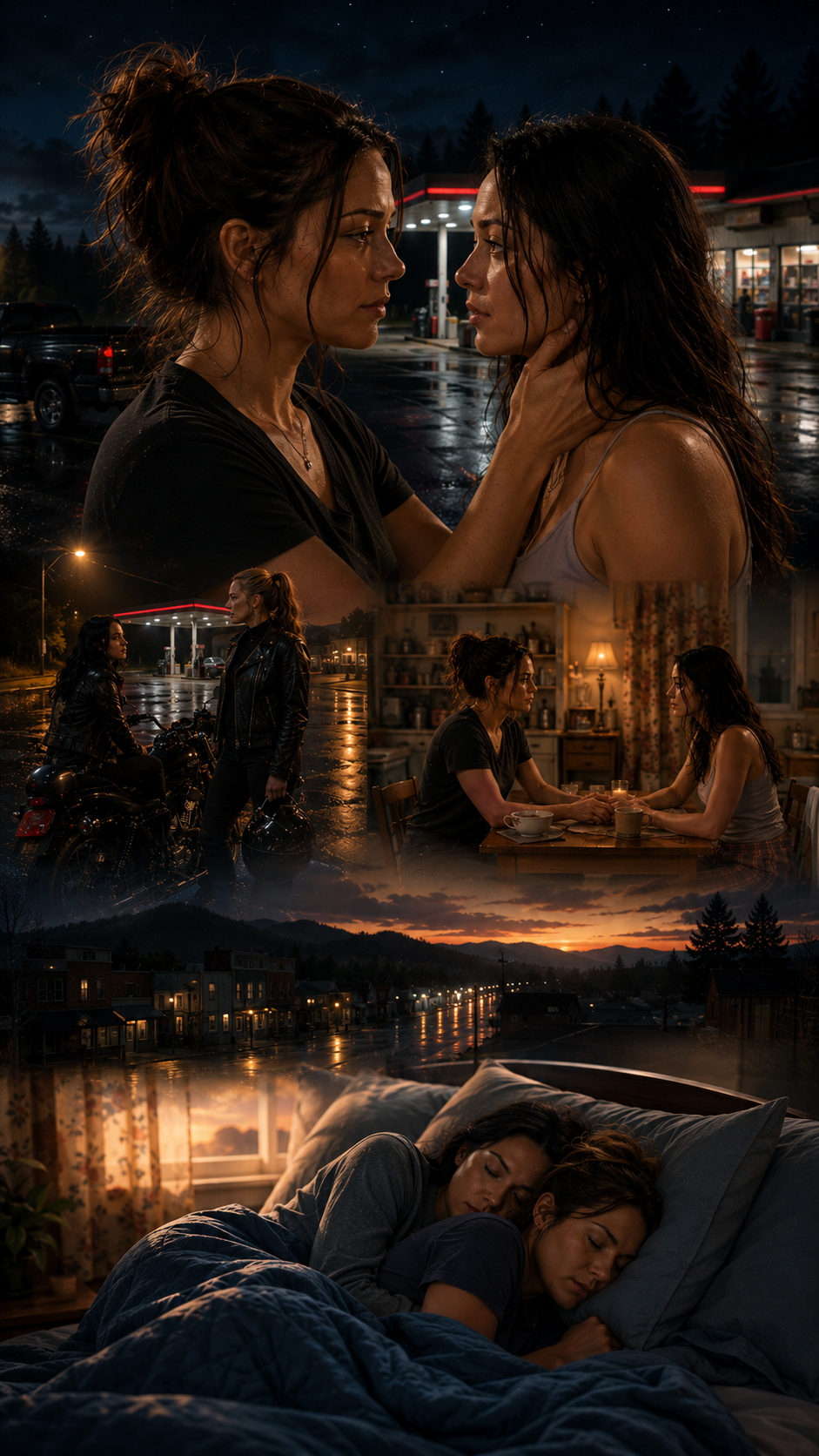 [Layered narrative collage showing a queer couple sharing tender intimate moments across rainy small town night and dawn s...