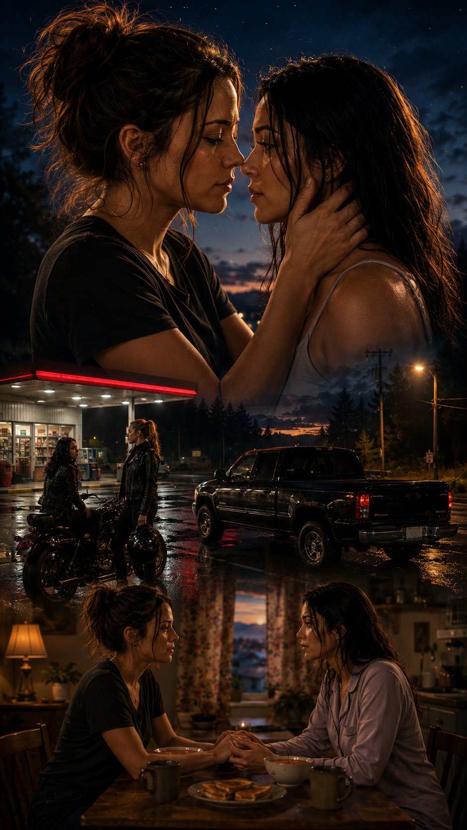 [Vertical stacked composite triptych showing intimate narrative moments between a queer couple across dusk, roadside, and ...
