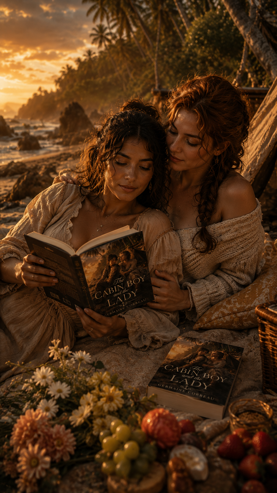Two embracing women read a romance novel together during a golden hour tropical beach picnic at sunset.