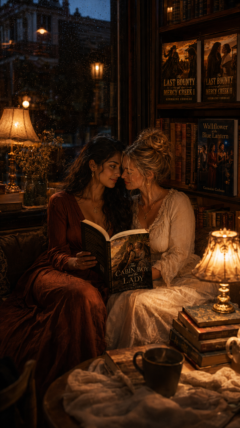 Two loving women lean forehead-to-forehead, sharing a book in a warm lamplit library on a rainy evening.