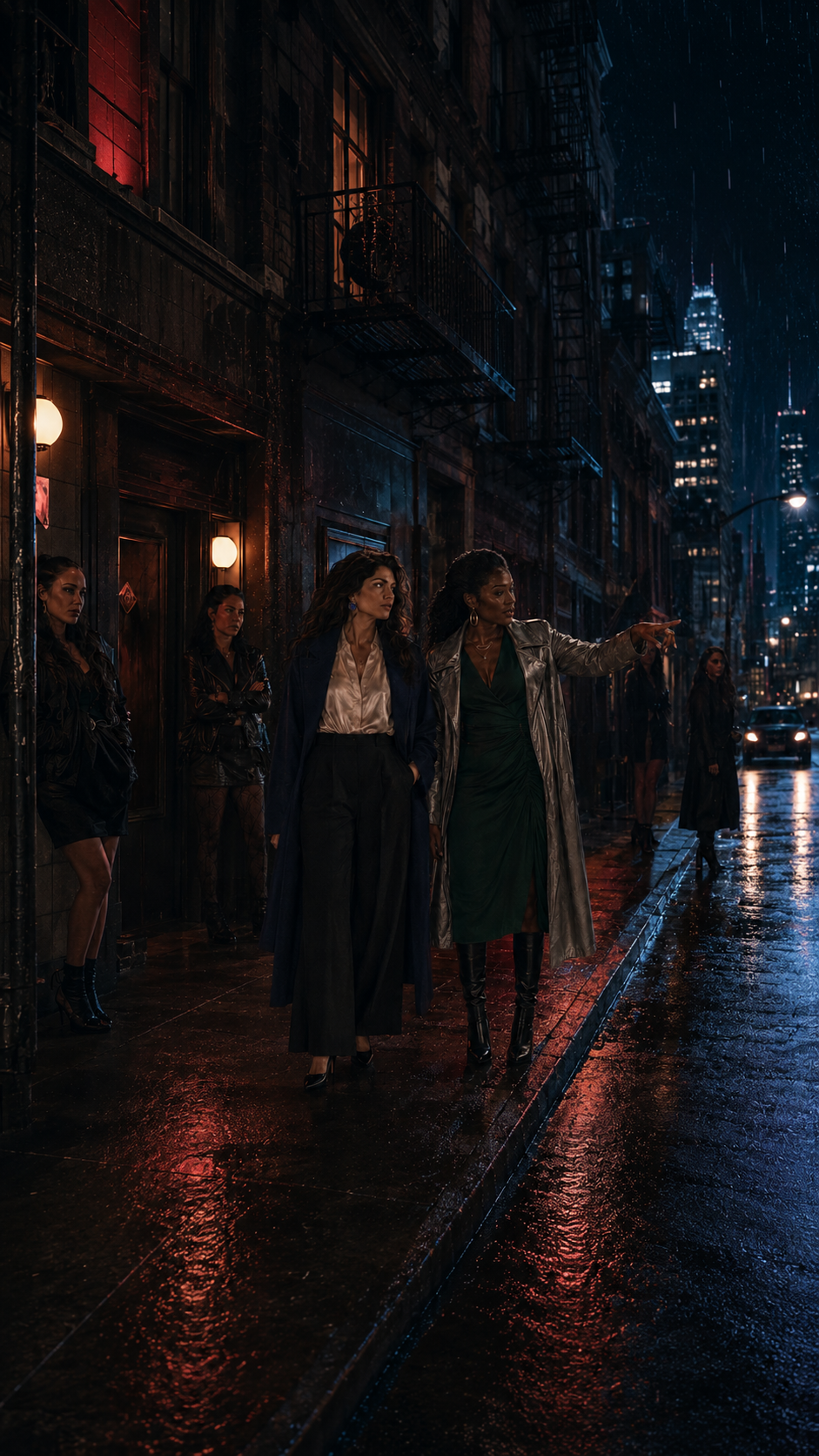 [Two stylish women walk down a rain-slicked city street at night, one pointing, as other figures linger in building doorwa...