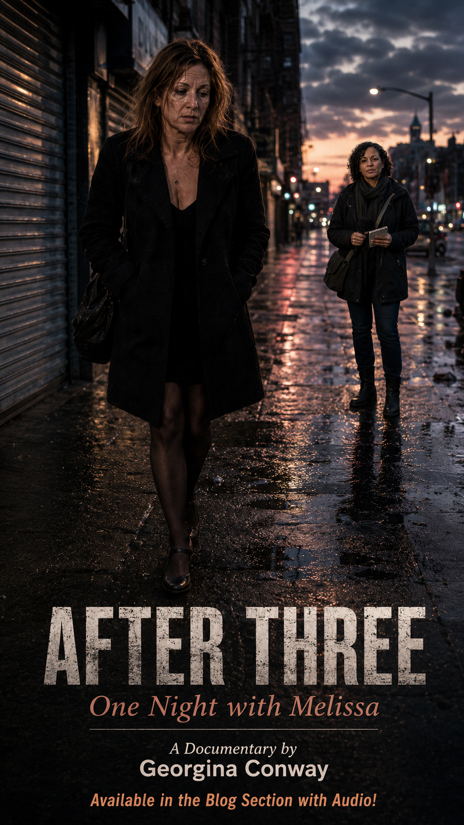 Promotional poster for "After Three" documentary, featuring two women on a rain-soaked city sidewalk at dusk