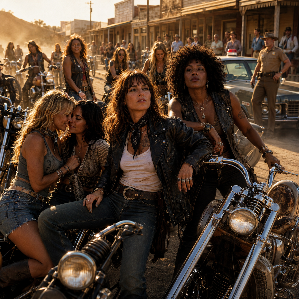 All-women biker gang posed with vintage chopper motorcycles on a dusty old west town street at golden hour, sheriff standi...