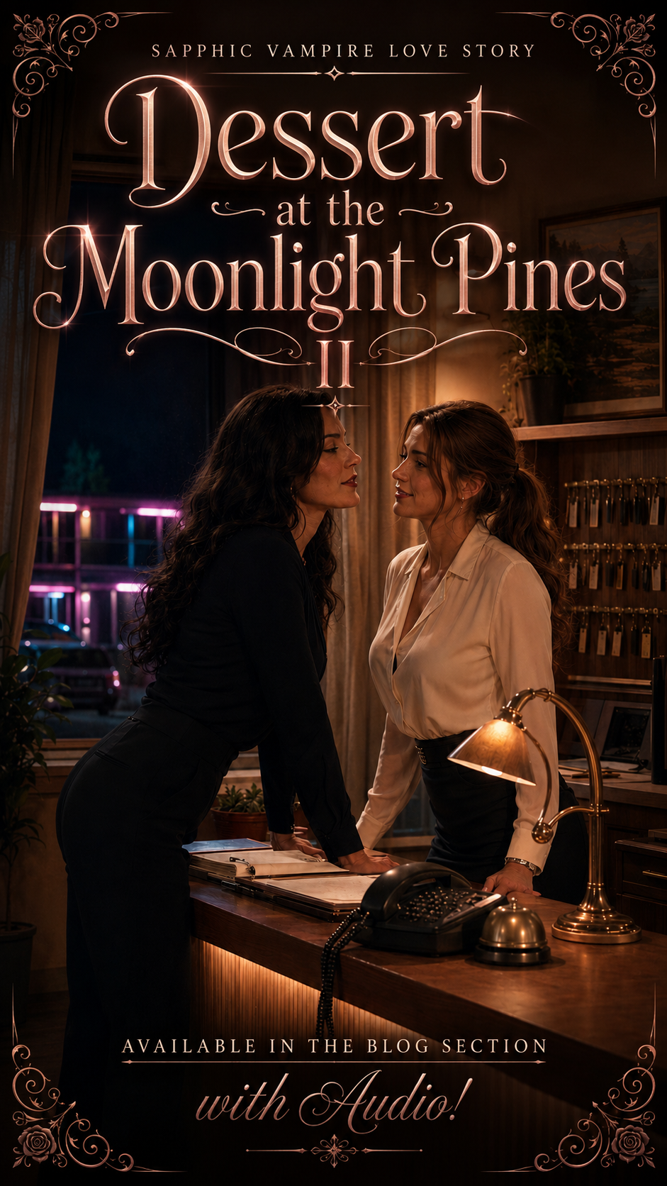 [Romance book cover for Dessert at the Moonlight Pines II, showing two women sharing a charged romantic moment at a vintag...