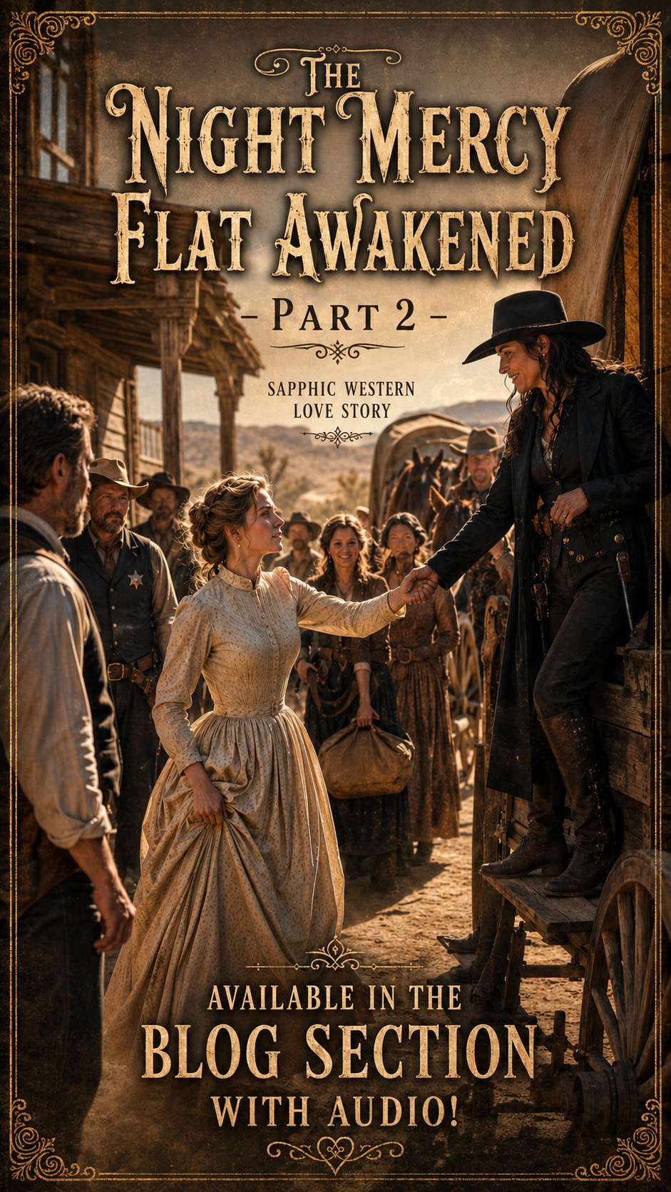 [Book cover for The Night Mercy Flat Awakened Part 2, depicting two women holding hands on a sunlit old west pioneer town ...