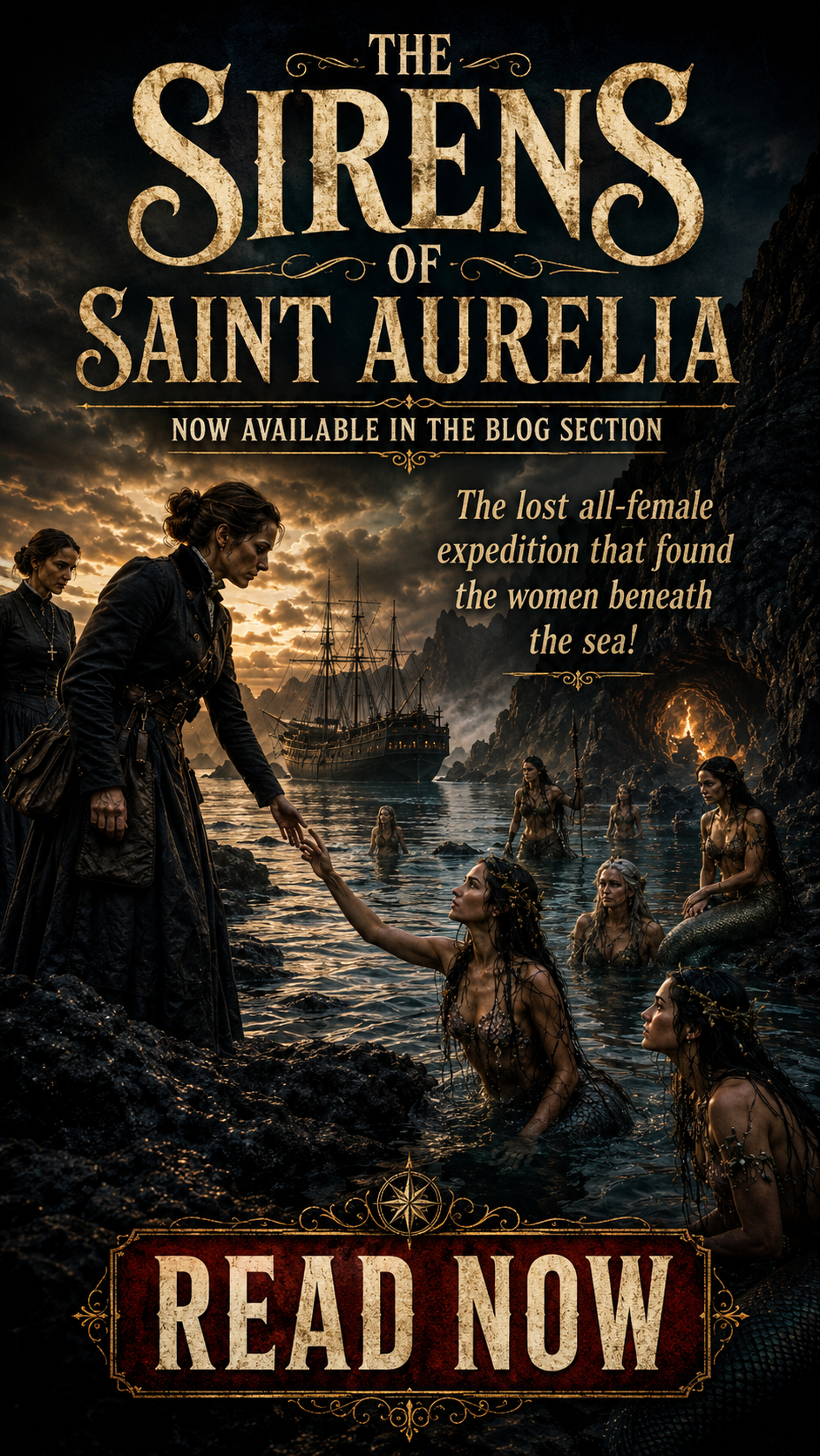 The Sirens of Saint Aurelia fantasy book cover, Victorian explorer reaching out to mermaids at a rocky coastal cove at sun...