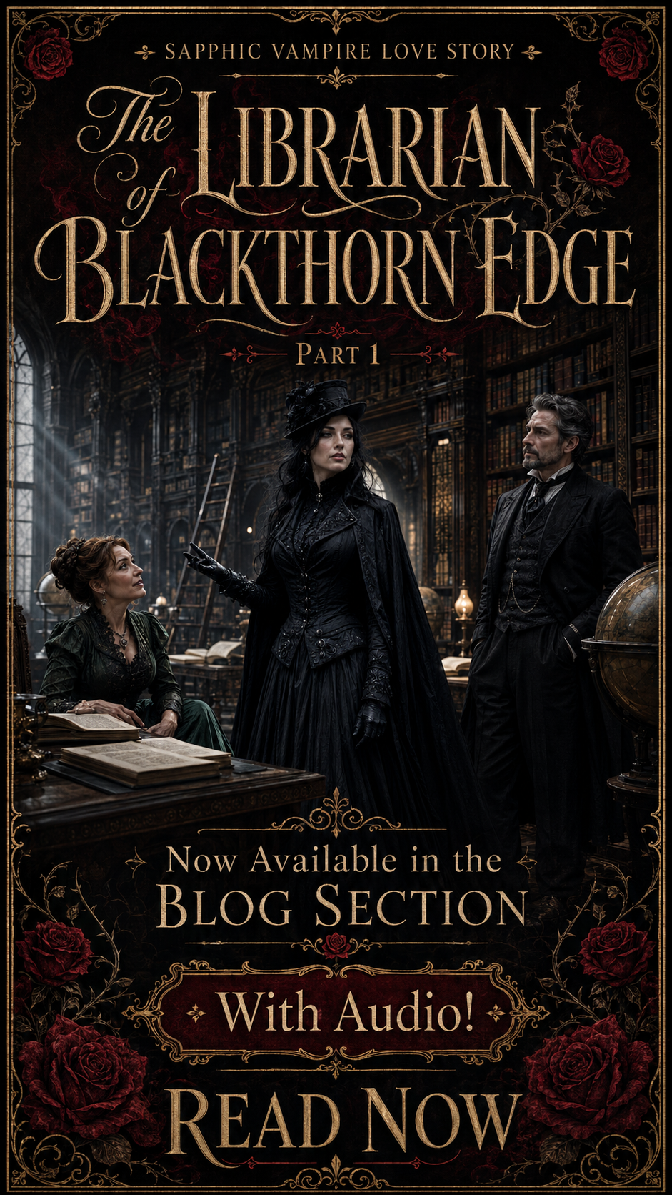 [Ornate gothic book cover for The Librarian of Blackthorn Edge, a sapphic vampire story, showing a Victorian library scene...