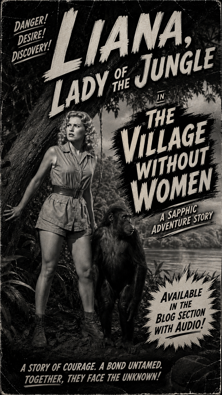 Retro vintage pulp poster for Liana Lady of the Jungle, showing a female jungle explorer standing beside a chimp in a trop...