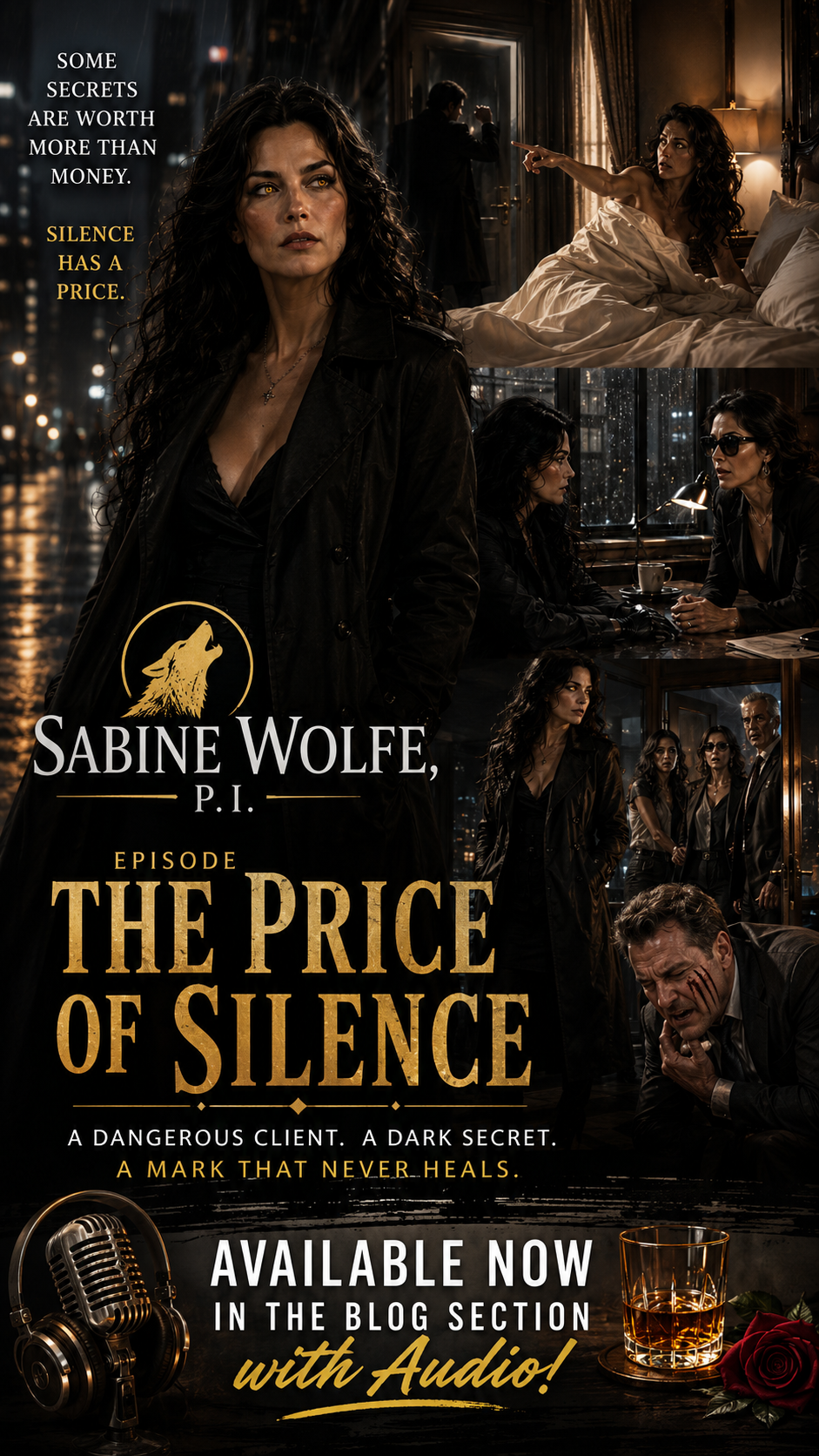 [Noir thriller promotional cover for Sabine Wolfe P.I. Episode: The Price of Silence, featuring a female private investiga...