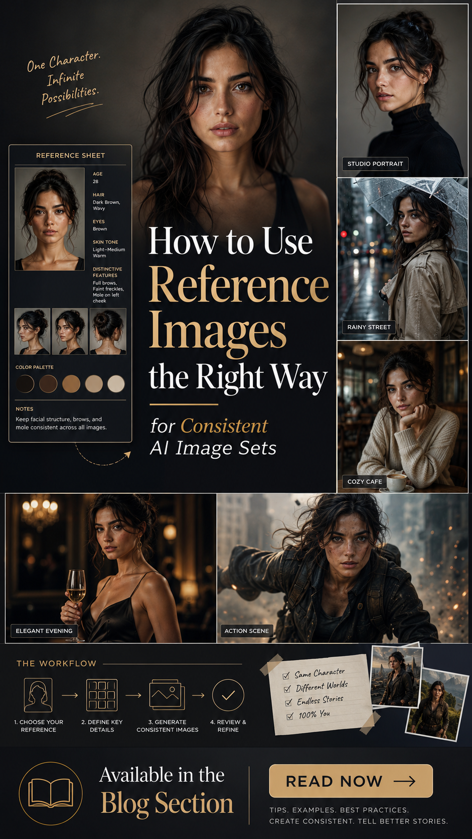 Infographic guide demonstrating how to use reference images to generate consistent AI character portraits across varied sc...