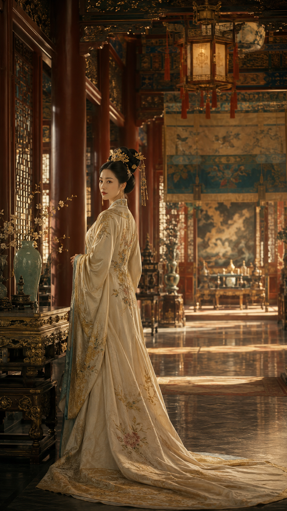 Regal Chinese imperial consort in embroidered cream hanfu looks over her shoulder in an ornate traditional palace hall.