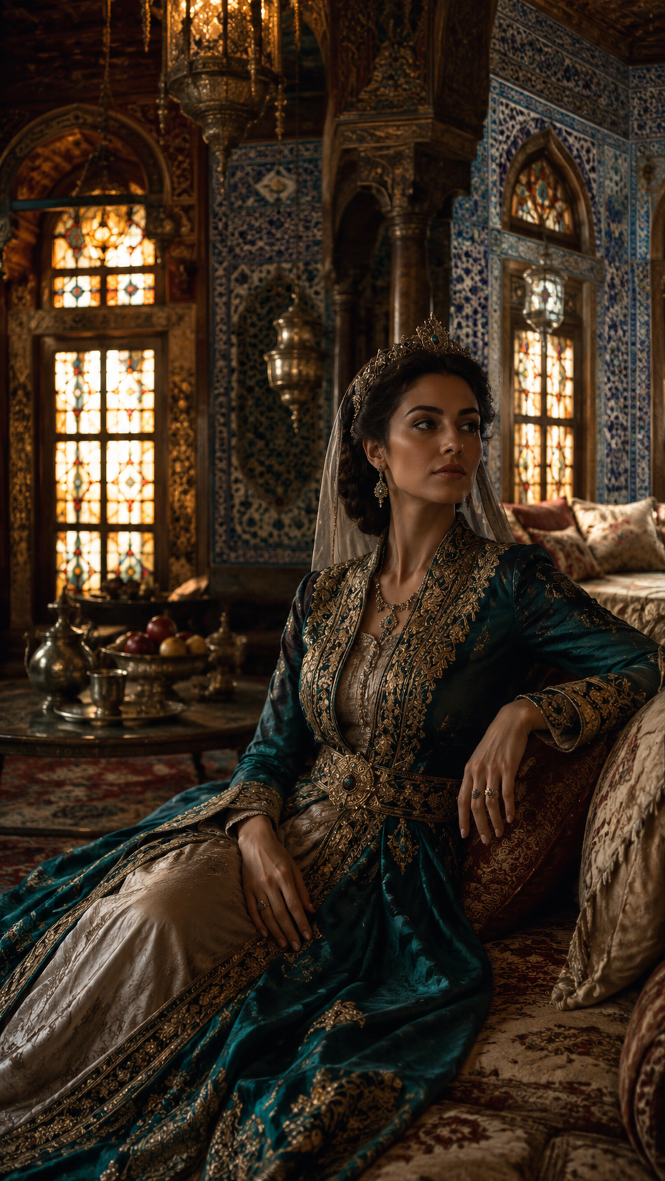 Regal royal woman in a gold-embroidered teal gown sits on a divan inside an ornate historic Ottoman palace chamber.
