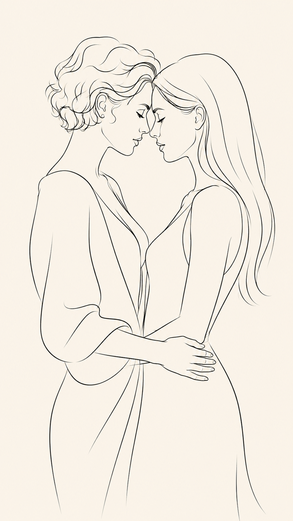 Minimal black line art of a tender queer couple touching foreheads in a soft, intimate embrace.