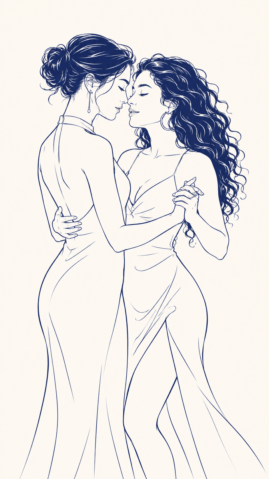 Delicate navy line art of two women in formal gowns embracing tenderly, foreheads touching, eyes closed.