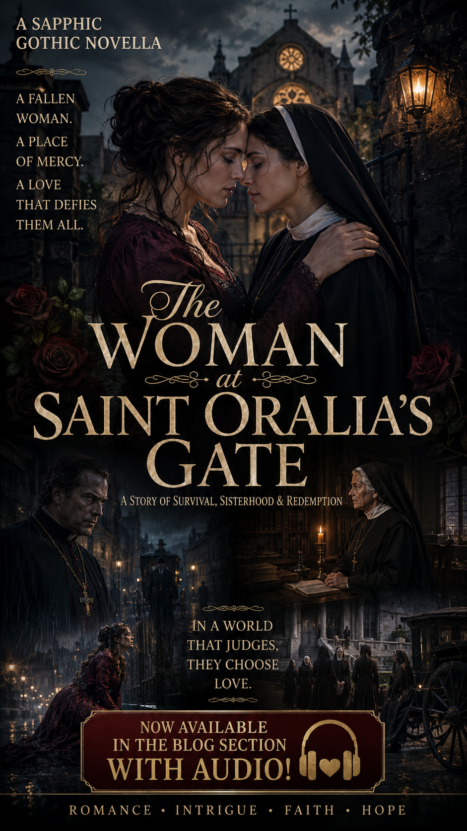 [Cover art for sapphic gothic novella The Woman at Saint Oralia's Gate, showing two tenderly embracing women, one a nun, b...