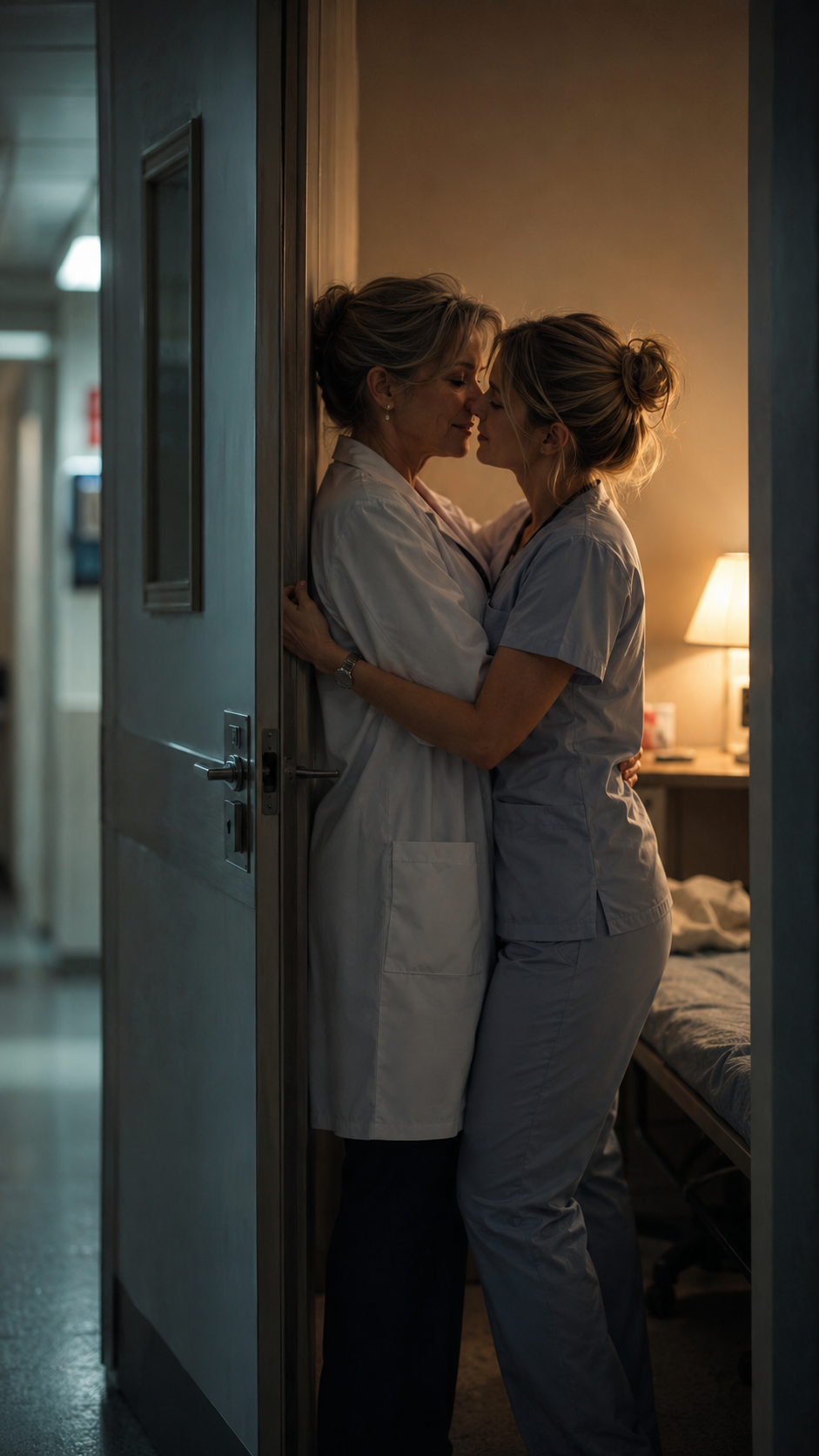 Two female medical staff share a tender intimate embrace in the doorway of a dim warm hospital patient room.
