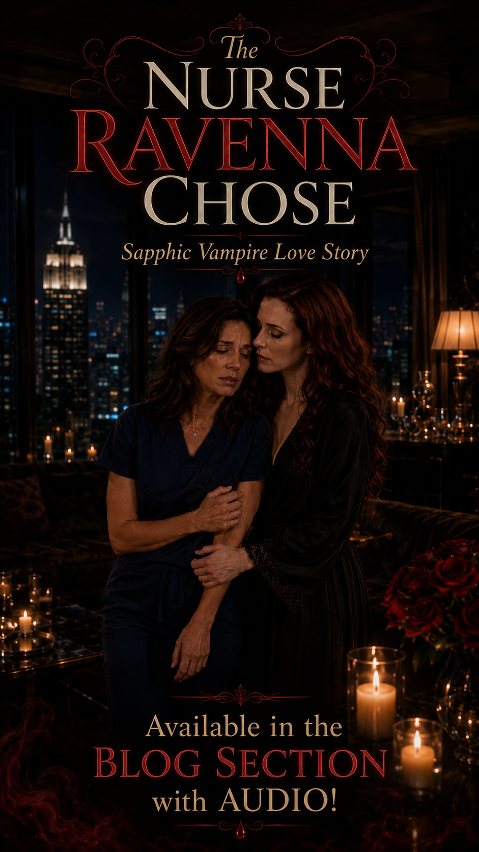 Promotional book cover for The Nurse Ravenna Chose, showing two embracing women in a candlelit NYC penthouse for a sapphic...